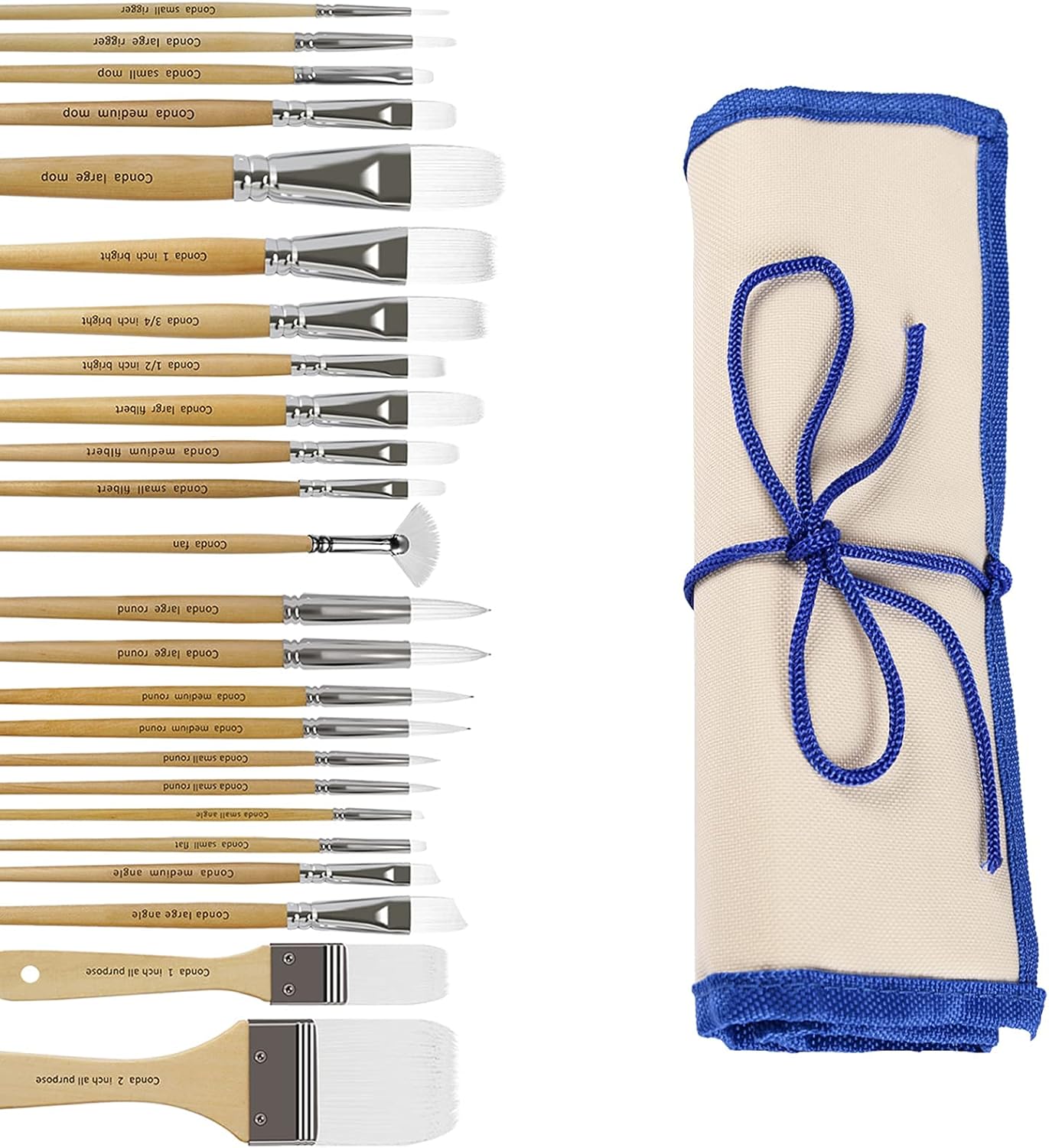 CONDA Paint Brushes Set of 24 Different Shapes Ergonomic Professional Wood Handles with Organizing Case for Acrylic Oil Watercolor, Rock Painting