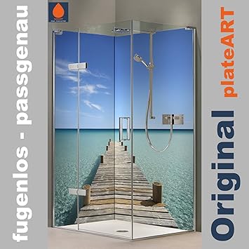 ORIGINAL plateART Eck-Duschrückwand, Wandverkleidung, Wandbild, Rückwand Alu-Dibond OHNE FUGEN, Fliesenersatz, Steg Malediven
