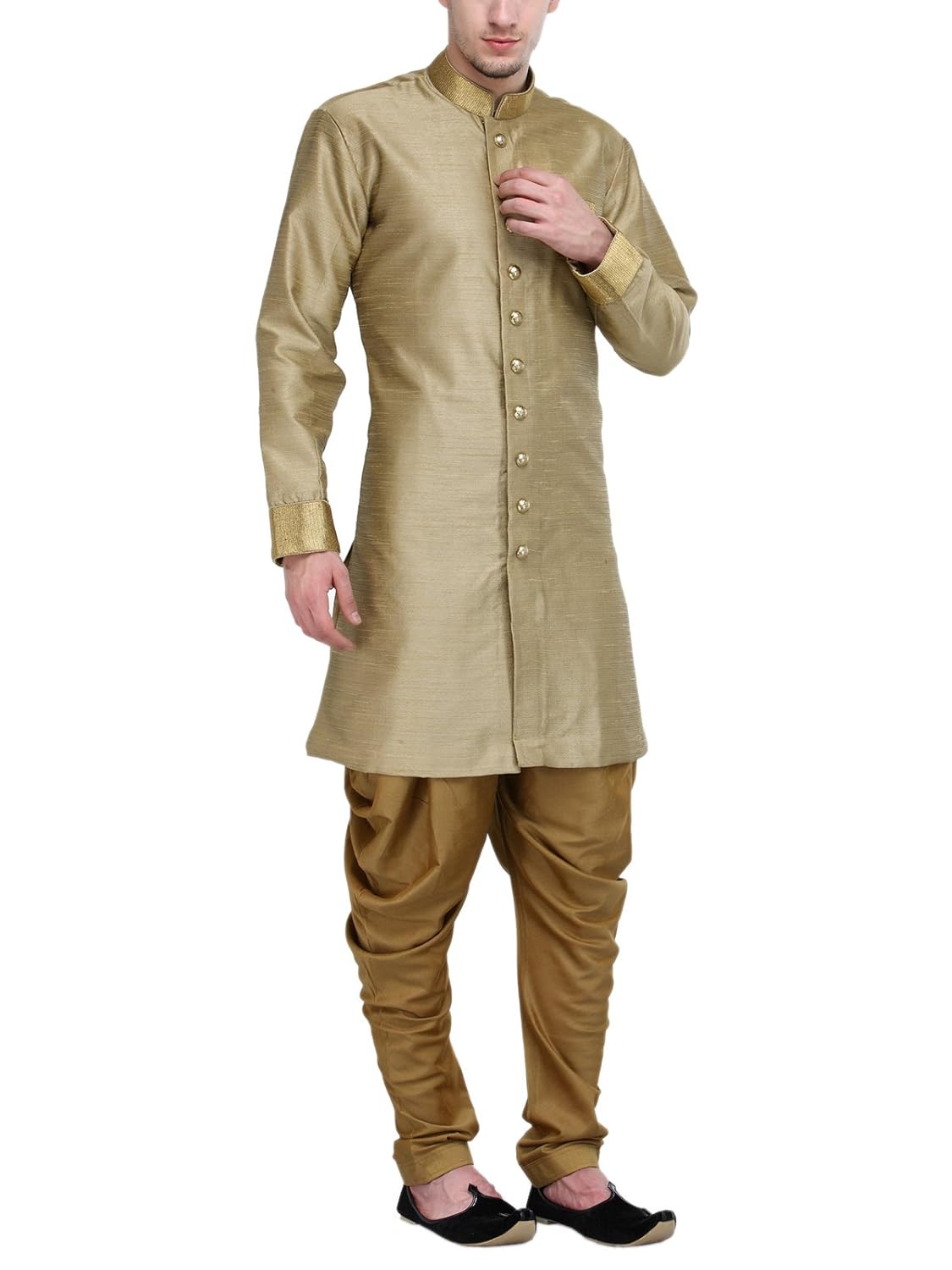 rg designers khaki and gold plain sherwani for men