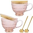 Pink Vintage Latte Mugs Set of 2, 16oz Large Pink Glass Embossed Coffee Mug Latte Tea Cup with Bamboo Lid and Spoons, Insulated Tea Cups Iced Water Ribbed Glasses Breakfast Cup Set Gift for Family