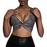 Women Shiny Rhinestones Backless Crop Tops Tank Top Sexy Halter See Through Camisole for Night Out Party Clubwear