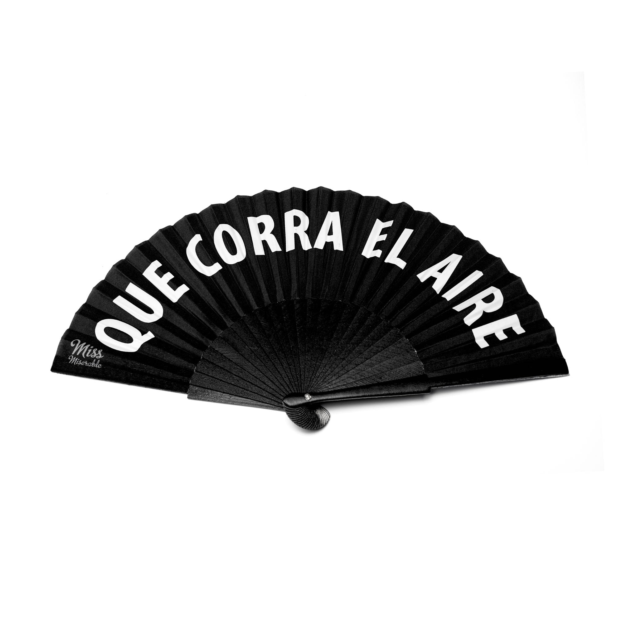 Miss Miserable - Fan That Runs the Air -Handheld Fan, Black with White Letters, 21 cm, Modern
