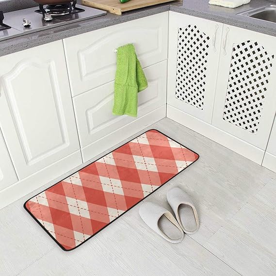 ALINLO Red White Plaid Geomtric Print Kitchen Floor Mat, Nonslip