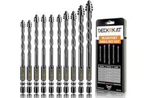 DECKRKAT Upgraded Black 4-Flute Serrated Masonry Drill Bit Set - 10-Piece Set (3/16" to 1/2") for Concrete, Tile, Glass, Brick, Ceramic, Plastic