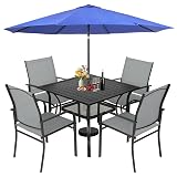 Incbruce 6 Pieces Patio Dining Set with Dark Blue Umbrella, Outdoor Dining Set of 4 Textilene Chairs and Square Table with Umbrella Hole for Backyard, Garden, and Poolside (Grey)