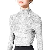 Women's Slim Fit Long Sleeve Sequin Turtleneck Sparkle Tee Glitter Blouse Tops