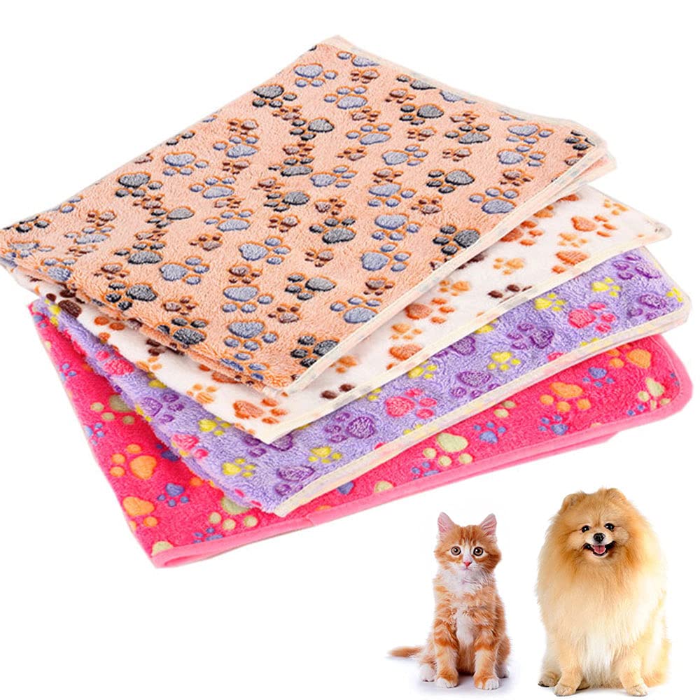 Oncpcare 4 Pack Rabbit Blanket, Paw Print Pet Cat Dog Blanket, Winter Warm Puppy Fleece Blankets Sleep Mat Pad Cover