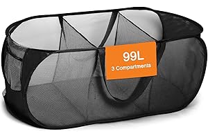 BEMKOO Foldable Laundry Baskets, Collapsible Mesh Laundry Hamper, Durable Pop Up Laundry Basket, 3 Compartments Clothes Hampers for Laundry, Easy to Carry & Sort for Dorm, Home, Kids Room, Travel Black