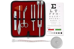 ASA TECHMED Premium 7 Piece Silver Diagnostic Kit - Taylor Hammer, Measuring Tape, Tuning Forks, Bandage Scissors, Pupil Gauge Penlight, Snellen Eye Chart (Silver)