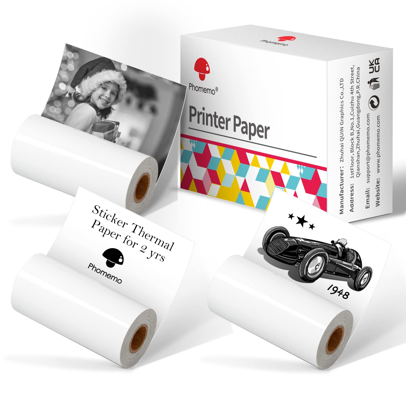 Phomemo M02 Paper, White Sticker Paper Strong Self-Adhesive for Phomemo M02 M02PRO M02S M03 M04S M04AS M832 M833 M834 Portable Thermal Printer, 50mm x 3.5m,3 Rolls