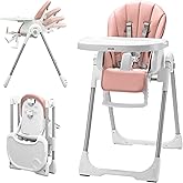 K&Uuml;B 3-in-1 Foldable &amp; Portable Baby High Chair with 2 Lockable Wheels(Pink) | 7 Height &amp; 4 Recline Adjustable High Chairs for Babies and Toddlers with Removable Seat &amp; Tray for Easy Clean