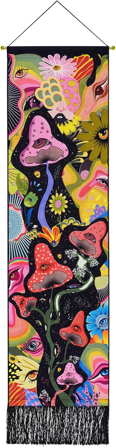 Tapestries - Lyacmy Mushroom Vertical Tapestry Eyes Tapestries Colorful Flower Tapestry Abstract Magical Wall Hanging for Home Decor Room (Red,12.8 x 51.2 inches)