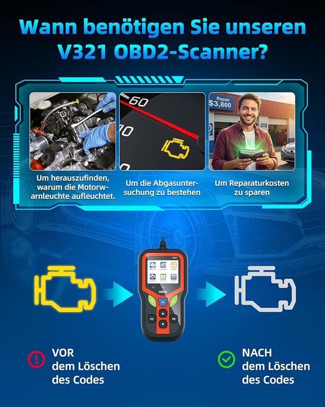 OBD2 Diagnosegerät, Diagnosegerät Auto, Auslesegerät Auto für Alle Fahrzeuge seit 1996 & Newer (Schwarz)