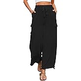Bsubseach Women Beach Palazzo Cargo Pants Drawstring Wide Leg Trousers Summer Vacation Outfits with Pockets