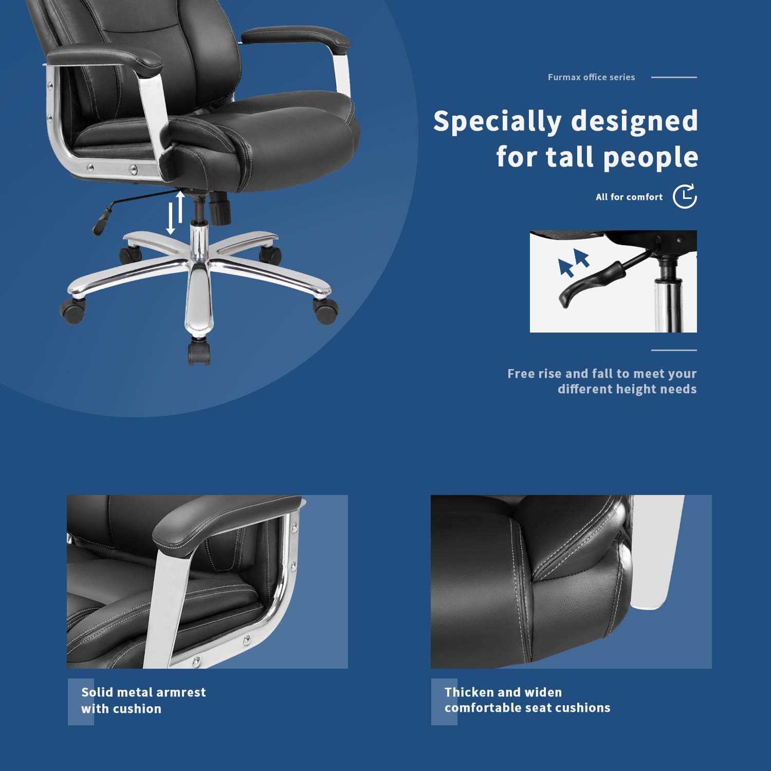 Furmax Big and Tall Office Desk Leather Ergonomic High Back Executive Lumbar Support Swivel Computer Task Chair with Armrest, Black: Furniture & Decor
