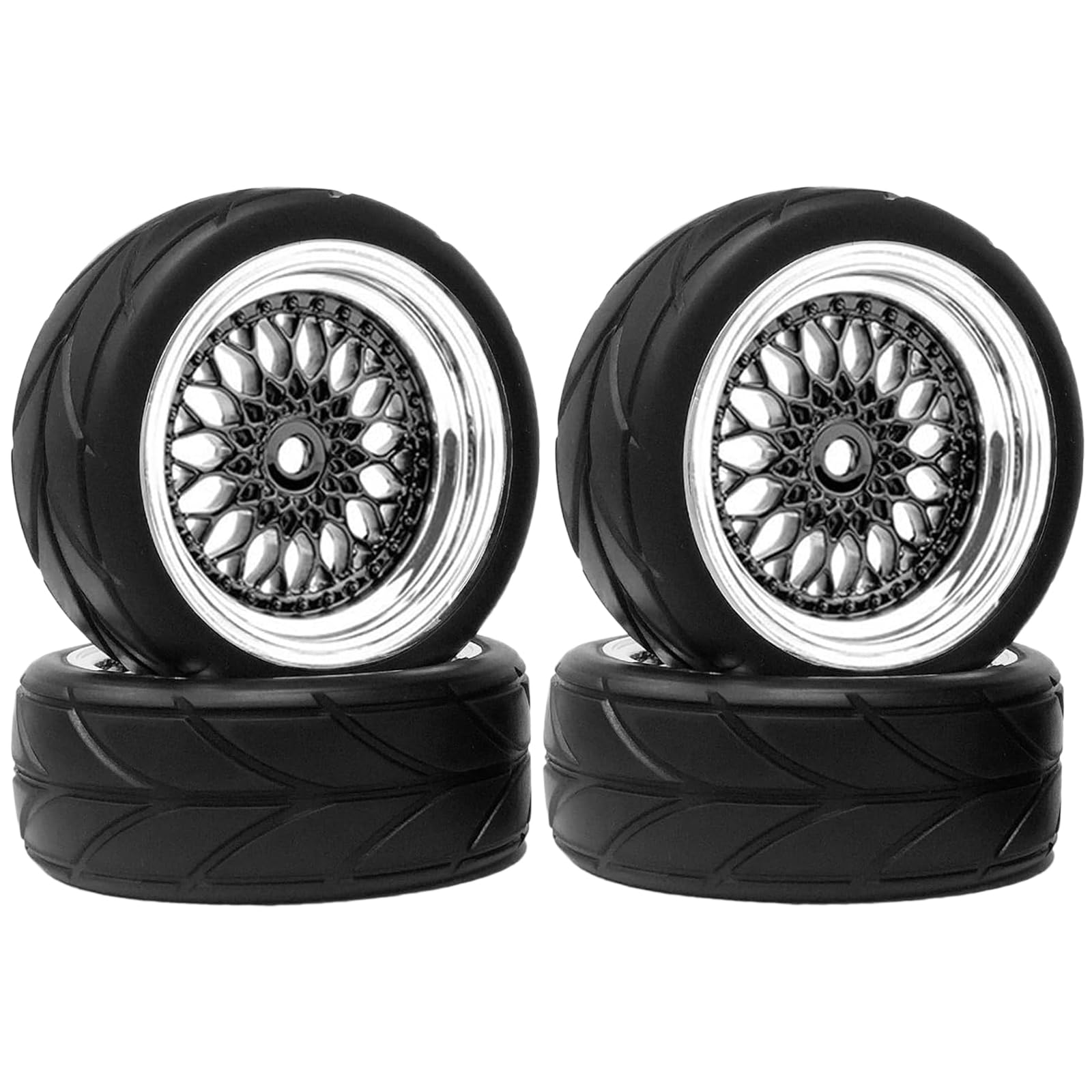 KINGCOO RC Car Tyres and Wheels Set, 4PCS 64mm Rubber Tires and Plastic Plating Wheel Rims Set 12mm Hex for 1/10 RC On Road Run-flating Touring Racing Drift Car Tyre (Black/Silver)