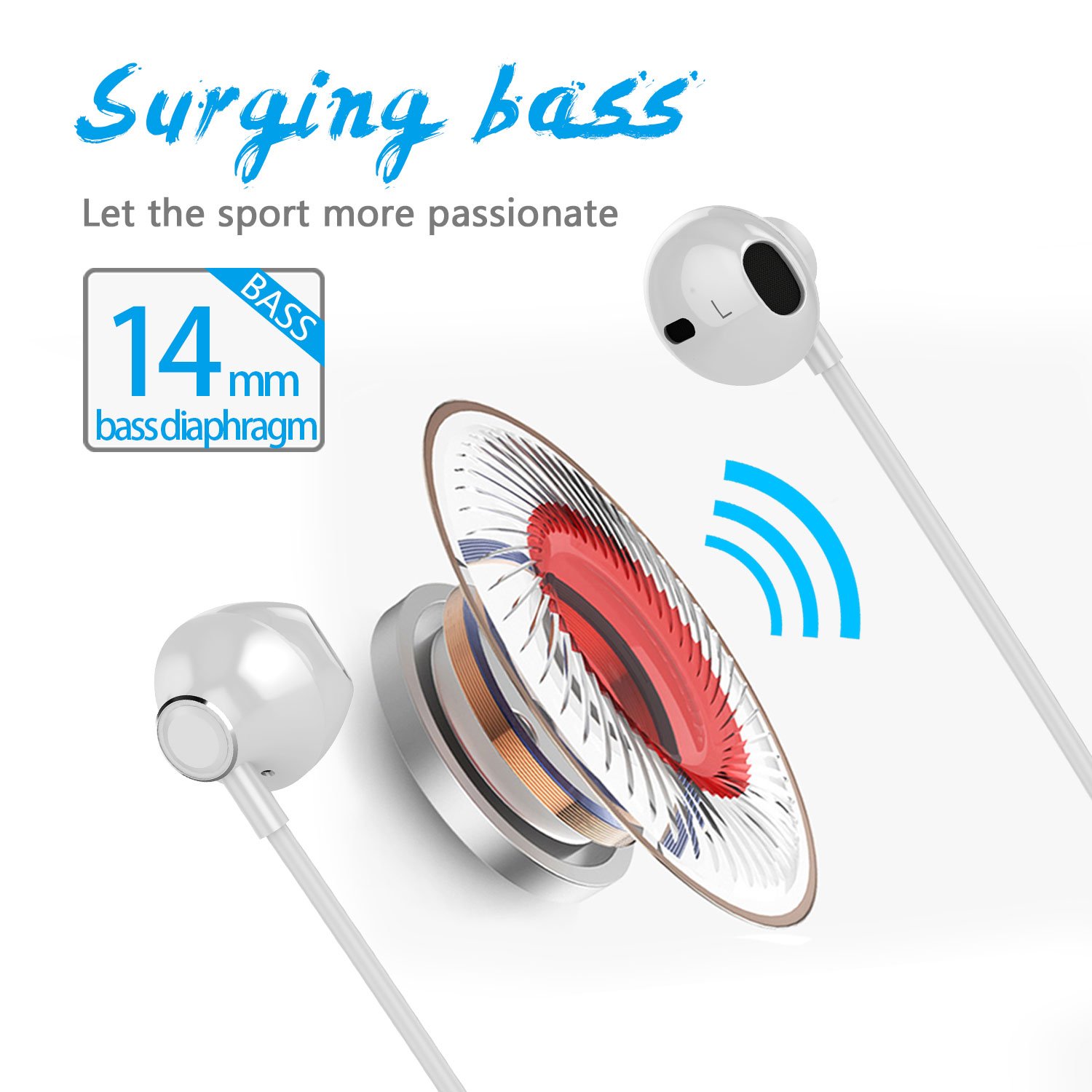 Bluetooth Headphones Wireless, Earphones Stereo Magnetic Earbuds, Sweatproof Mobile Headsets, Secure Fit, Noise Cancelling Mic, Clear Voice Capture & 5 Hrs Playtime for Gaming, Sports (White W2)