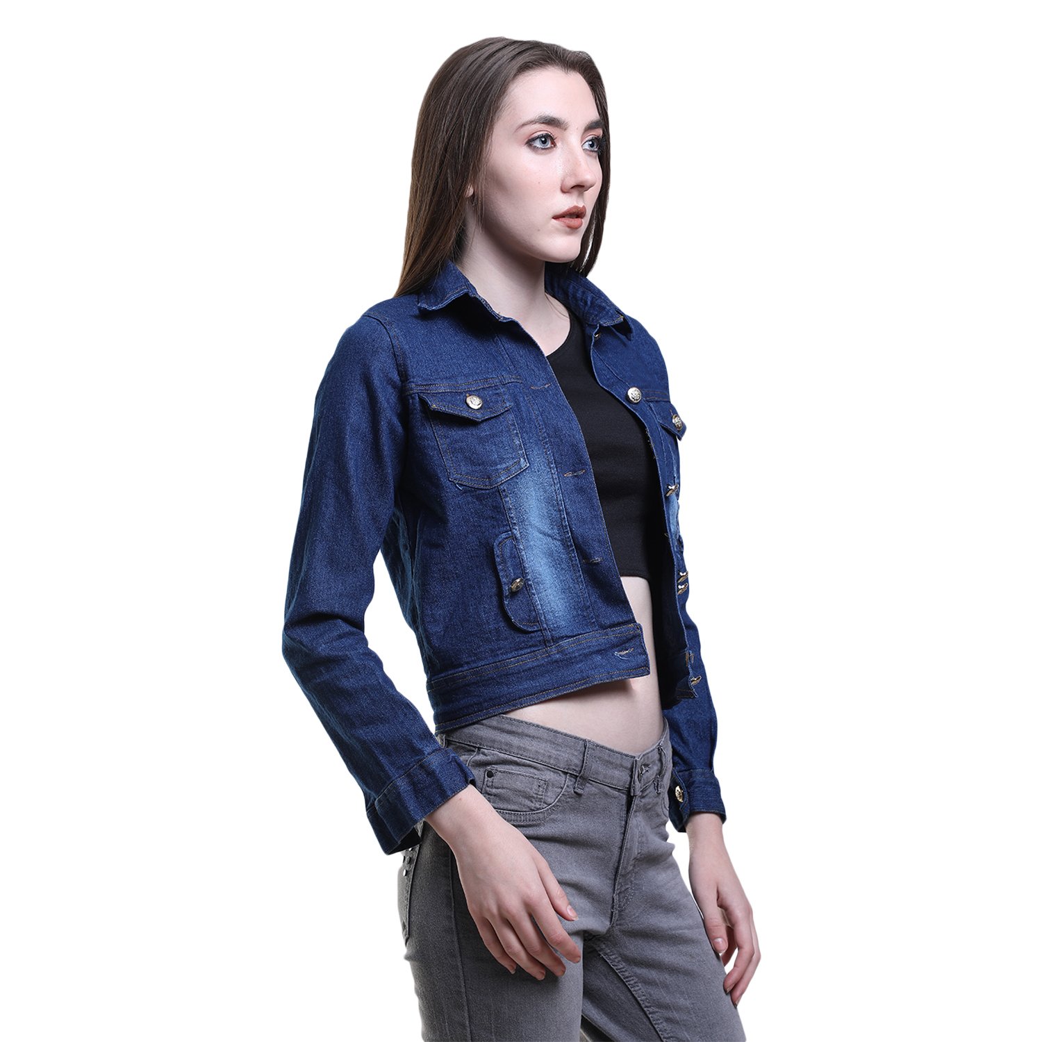 buynewtrend denim blue shrug/jacket for women