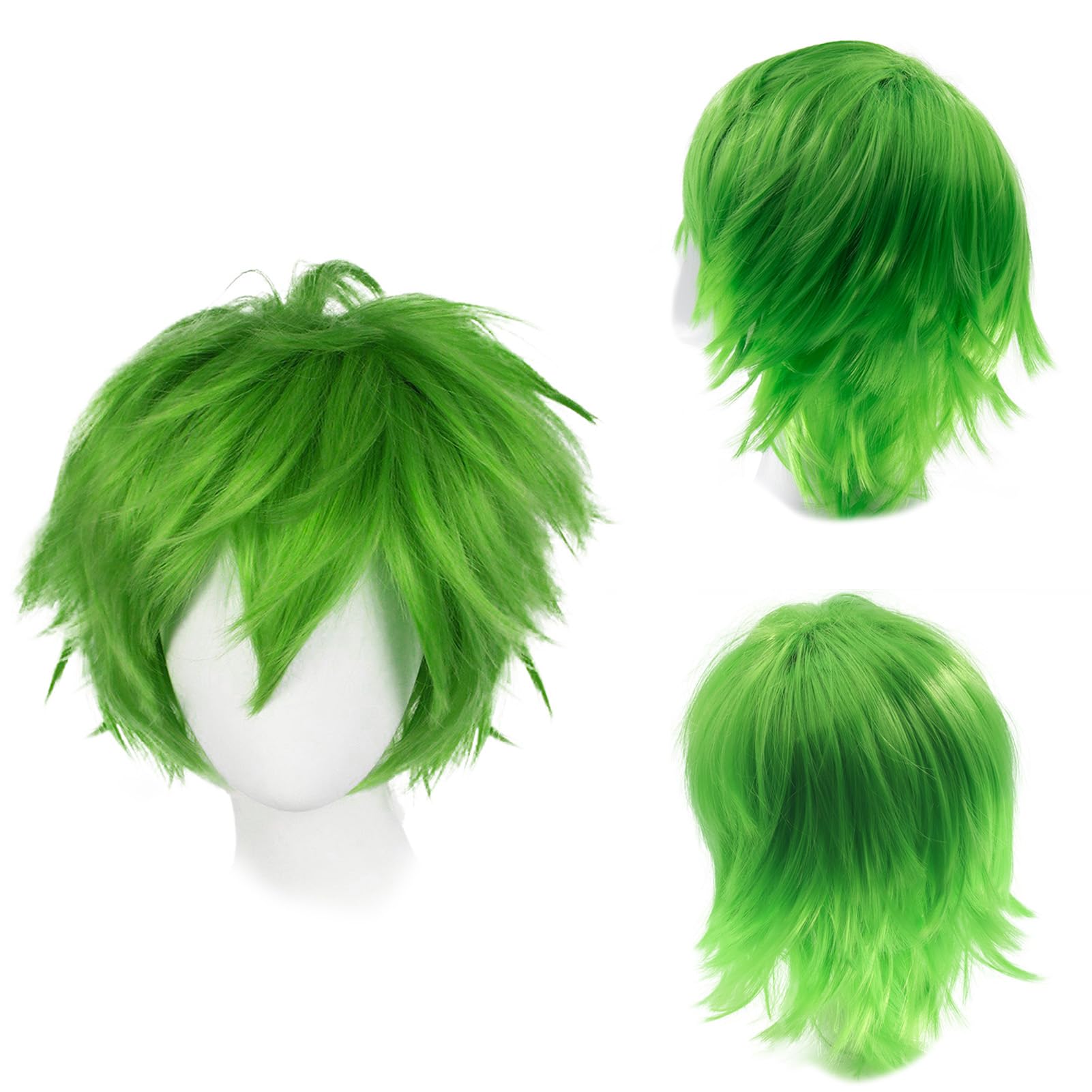 Dcbaboo Green Short Curly Wig 12" Natural Fluffy Layered Straight Hair for Men/Women - Anime Cosplay Unisex Halloween Fancy Dress Synthetic Full Wig With Cap