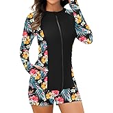 Soneven Women Long Sleeve Rash Guard Sets Two Piece Swimsuit with Shorts UPF 50+ Bathing Suit Full Zip Swim Shirt