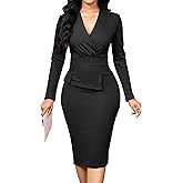 Oxgmoky Women's Elegant Dresses Work Business Dress Bodycon Long Sleeve Pencil Dress