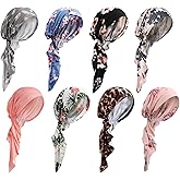 Halfchet 8 Pcs Chemo Headwear for Women Pre Tied Cancer Scarf Caps Soft Cotton Elastic Head Scarf Turbans for Patients Hair Loss Cover Hat