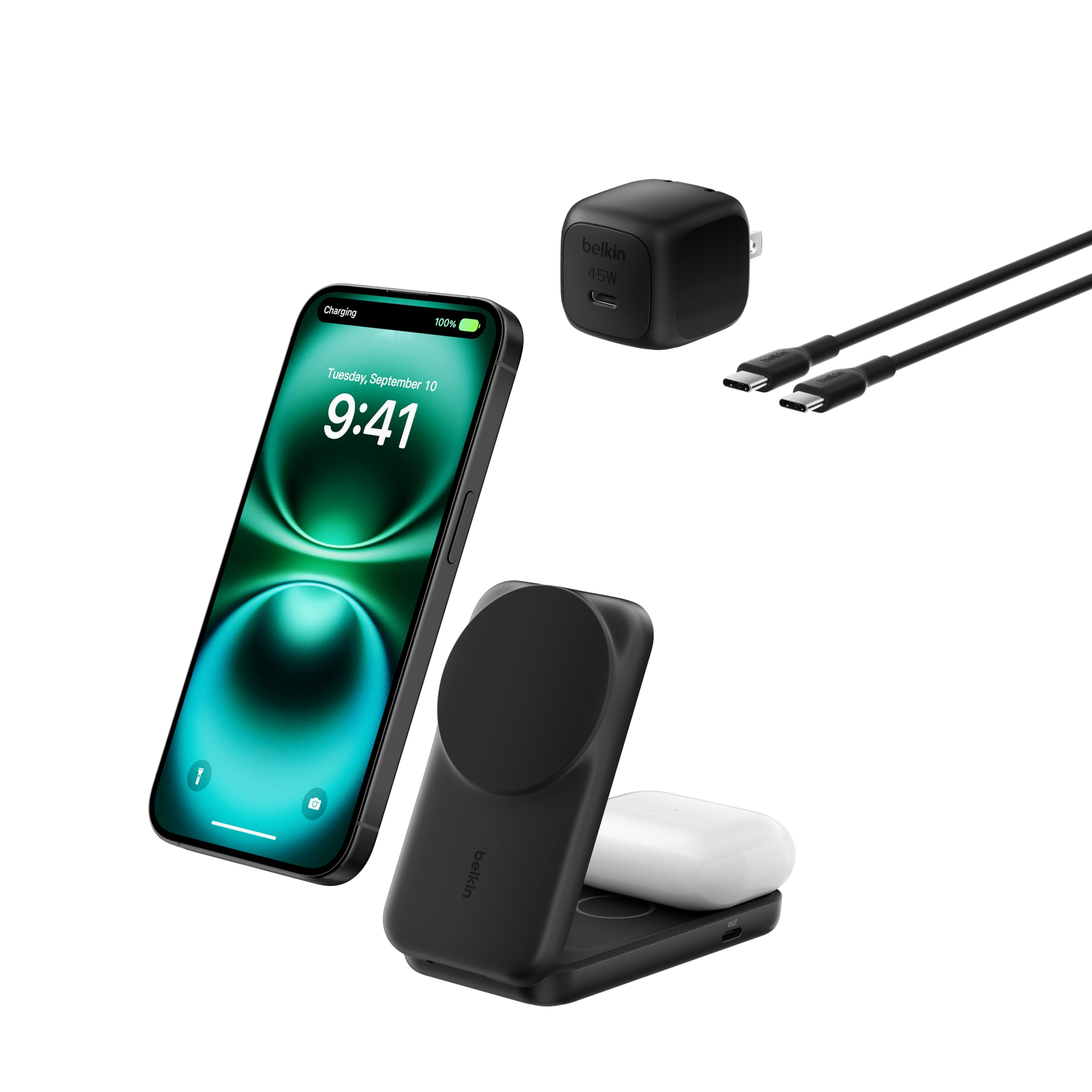 Belkin Qi2 25W Ultra Charge ワイヤレス充電器 世界初 25W充電スタンド 2 in 1 スクエアモデル Qi2公式認証/MagSafe対応 急速充電対応 iPhone17,16~12 スタンバイモード対応 Google pixel 10 PRO XL対応 折りたたみ