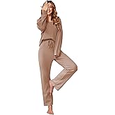 Ekouaer Women's Waffle Knit Pajama Sets Comfy Long Sleeve Lounge Sets 2 Piece Matching Pj Sets with Pockets