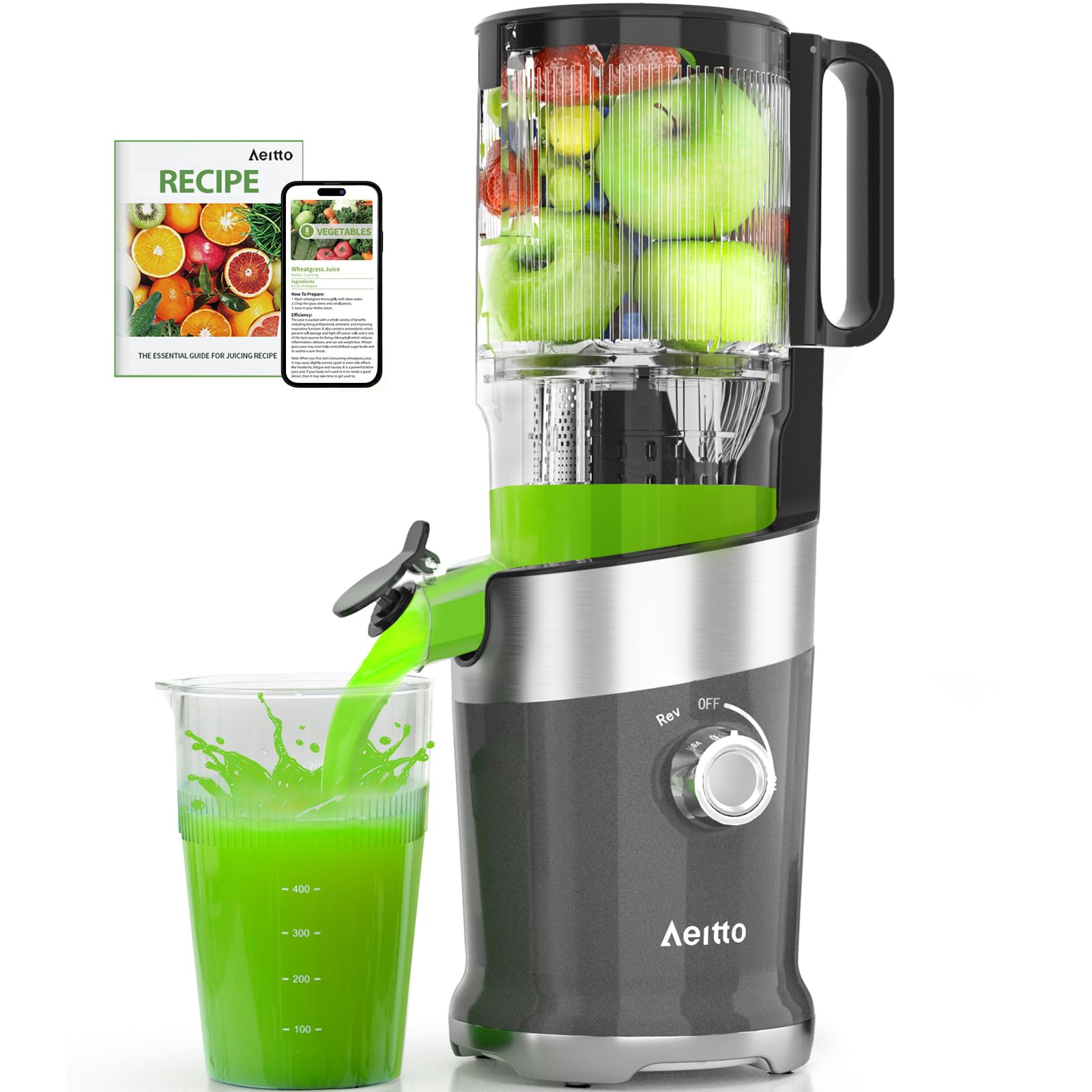 Photo 1 of Aeitto Juicer Machines Fits Whole Fruits, Cold Press Juicer with Wide Feed Chute, Masticating Juice Extractor Machine Easy to Clean, High Juice Yield, Easy to Assemble, Self Feeding
