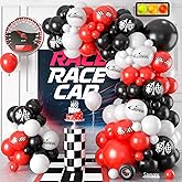 Race Car Balloon Arch Garland Kit, Red Black White Party Latex Balloons with Checkered Flags for Boy Racing Car Themed Birthday Party Decorations Baby Shower Transportation Backdrop Supplies