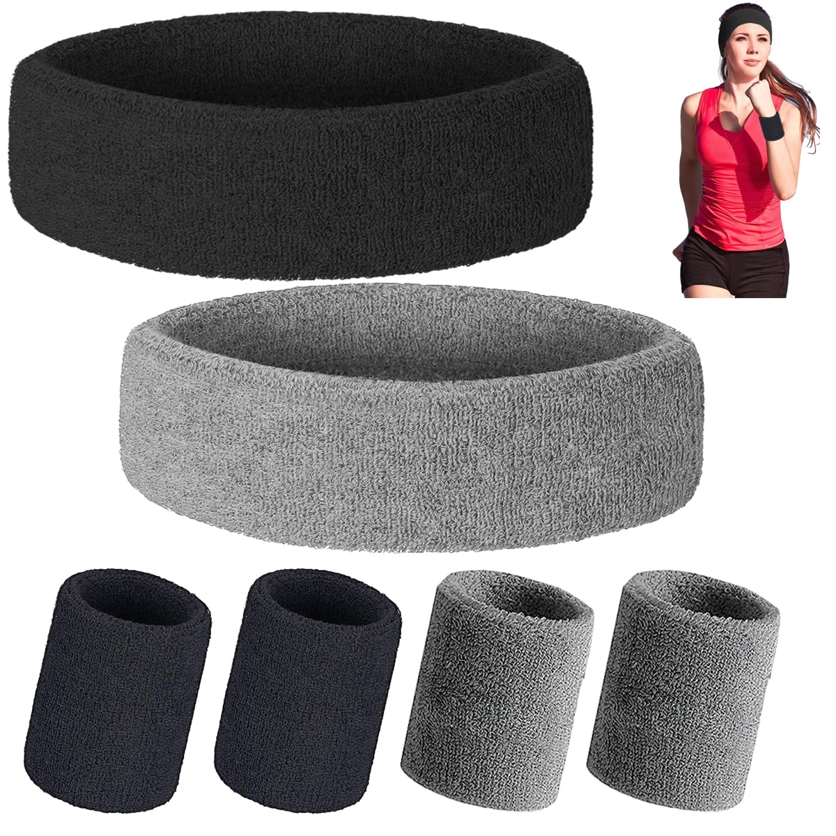 SamHeng 6 Pieces Sweatband Set, 2 Pcs Sport Headbands and 4 Pcs Moisture Wicking Wristband for Men Women, Sweat Bands for Gym Tennis Football Basketball Running Athletic Exercise Fitness (Black+Grey)