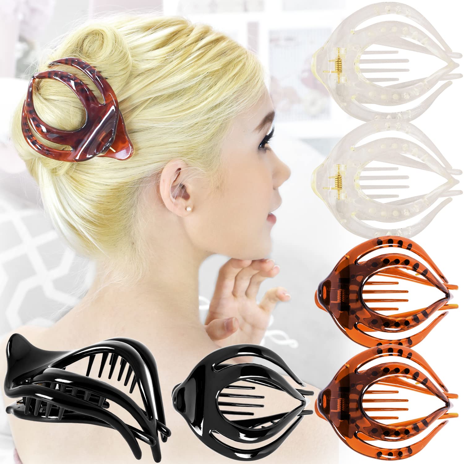 RC ROCHE ORNAMENT 6 Pcs Womens Clutcher Cute Curvaceous Hollow Banyan Leaf French Eyelet Lightweight Strong Firm Claw Clamp Comb Premium Fashion Accessory Hair Clip, Large Clear Brown and Black