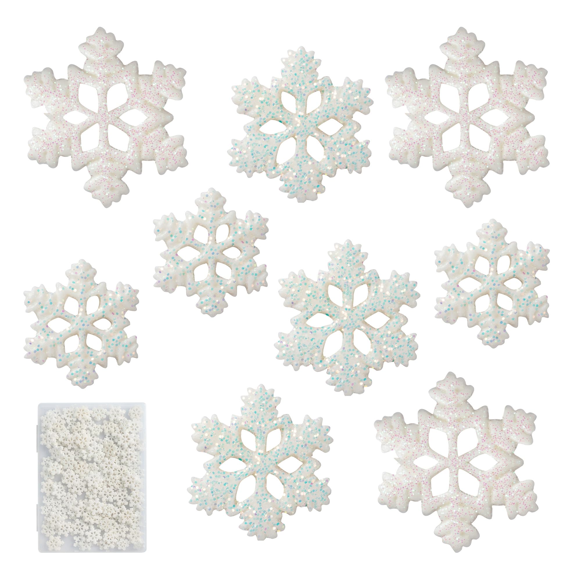 Photo 1 of 150Pcs Mini Snowflakes Ornaments, 3 Sizes Glitter Tiny Resin Snowflakes for Crafts with Storage Box Snowflake Buttons Snowflake Shaped Craft for DIY Winter Party Home Decoration