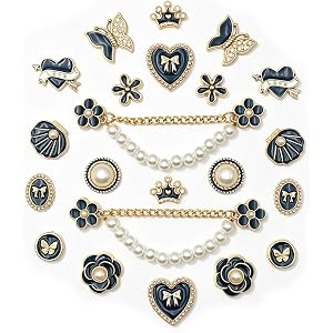 Eooberr 22PCS Bling Shoe Charms Set with 2 Pearl Shoe Chains, Crown Butterfly Flower Rhinestone Accessories for Women Girls D