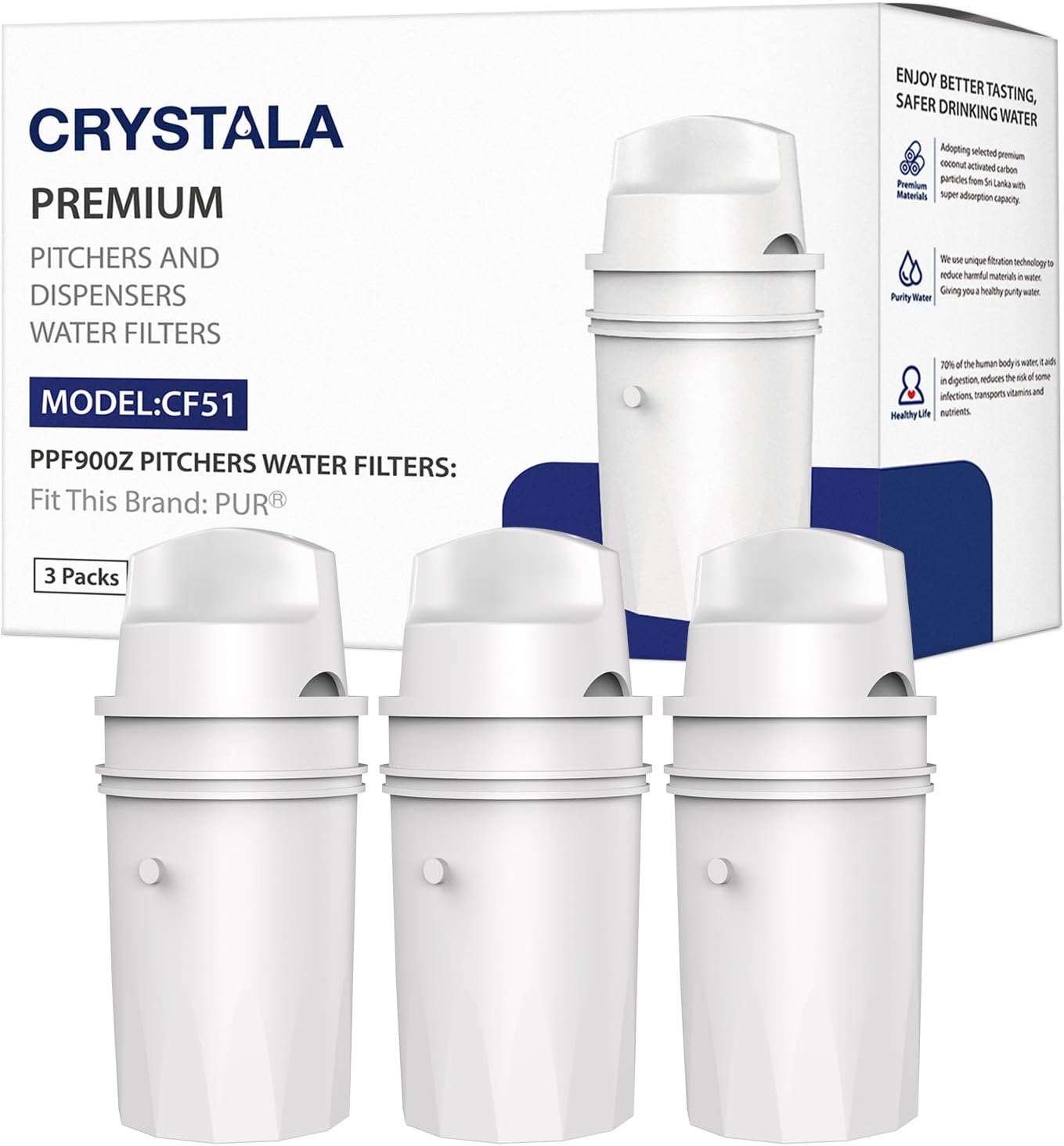 Crystala PPF900Z Pur Water Filter Replacement, Compatible with All Pur Pitchers and Dispensers, PPT700W, CR-1100C, DS-1800Z, and PPF900Z Pitcher Water Filter with Advance Filtration (3 Packs): Home & Kitchen