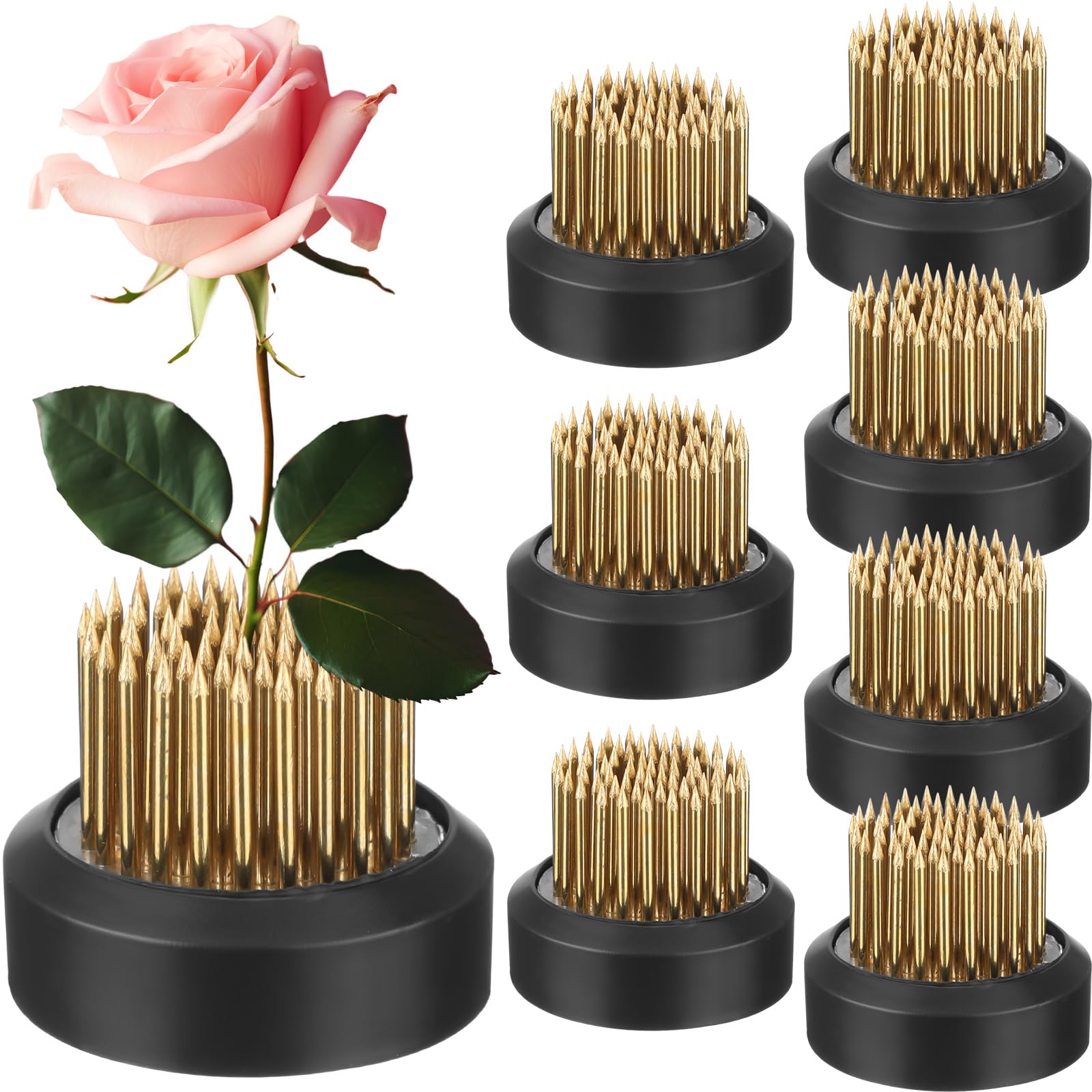 Photo 1 of Sliner 8 Pcs 1.37 x 0.75 Inch Floral Frogs Round Brass Flower Holder Japanese Ikebana Vase Floral Frogs Arranger Flower Fixed Tools Pin for Flower Arrangement Home DIY Craft(Gold)