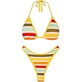 seamoly Womens Two Piece Swimsuit Sexy Triangle String Bikini Sets Halter Neck Open Back High Cut Crochet Bathing Suits Yellow XL