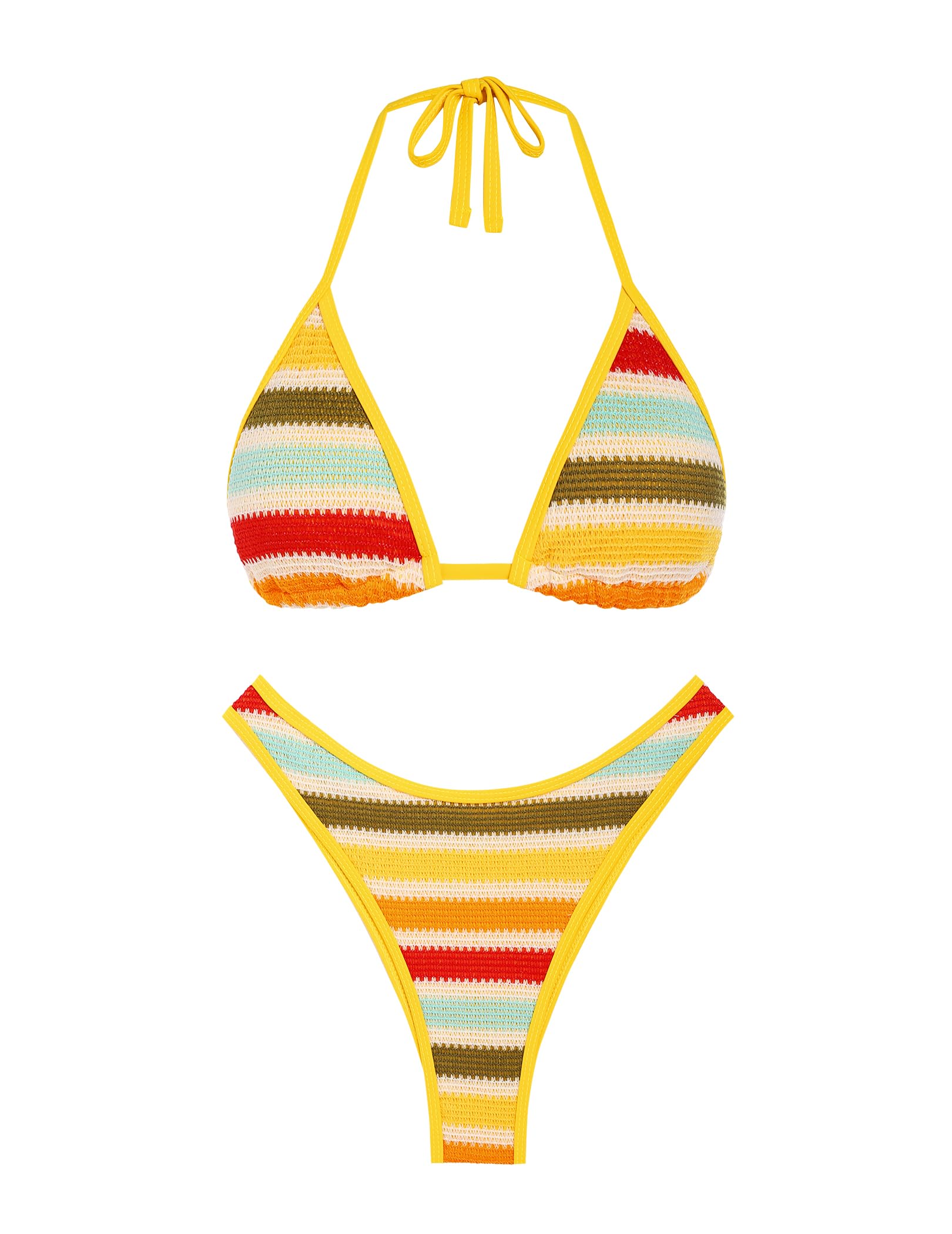 Photo 1 of seamoly Two Piece Bathing Suit for Women Halter Bikini Sets Cheeky Triangle Swimsuit Crochet Colorblock Swimwear Yellow S