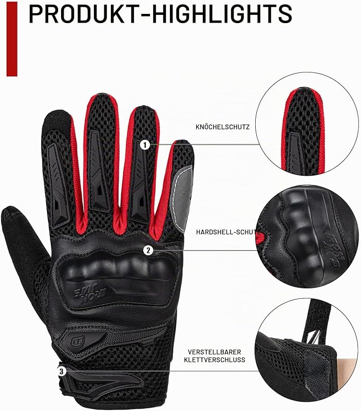 Motorradhandschuhe Herren Sommer Touchscreen weich atmungsaktiv und bequem geeignet für Motorradfahren Bergsteigen Wandern und andere Outdoor-Sportarten Rot-M