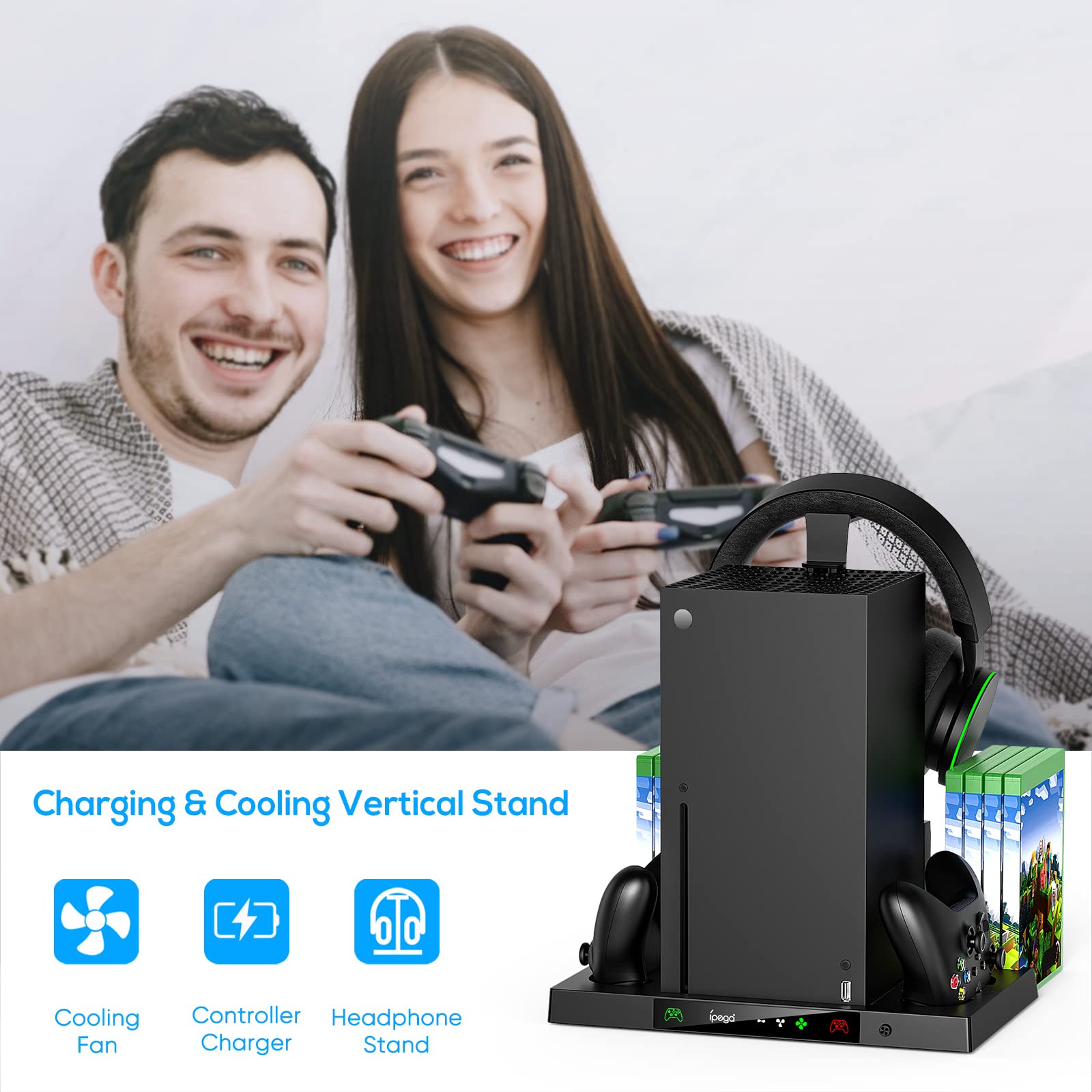 Upgraded Cooling Stand for Xbox Series X with Charging Station, MENEEA Charger Stand for Controller with 2 Cooler System for XBSX Console, Headset Hook & Game Slots, for Xbox Series X Accessories Kit