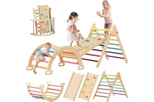 Tiny Land Pikler Triangle Set, 7-in-1 Foldable Pikler Triangle Climbing Toys Set for Kids,Baby Indoor Playground Jungle Gym, Wooden Montessori Climbing Set for Toddler (Rainbow)