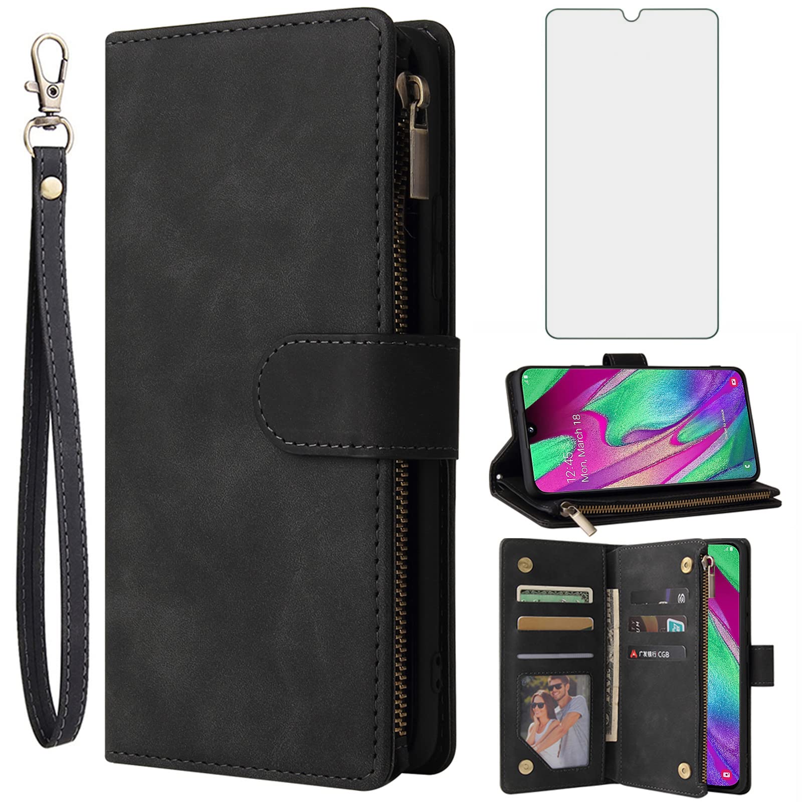 Asuwish Compatible with Samsung Galaxy A50 Wallet Case Tempered Glass Screen Protector and Flip Cover Card Holder Cell Accessories Phone Cases for Glaxay A 50 Gaxaly S50 50A SM A505G Women Men Black — image 1