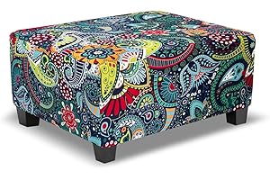 TOPHMDECOR Ottoman Cover Rectangle Printed,Stretch Slipcover for Rectangular Footstool,Soft Fabric with Non-Slip Elastic Bottom,Decorative Furniture Protector for Living Room,Large,Navy & Green