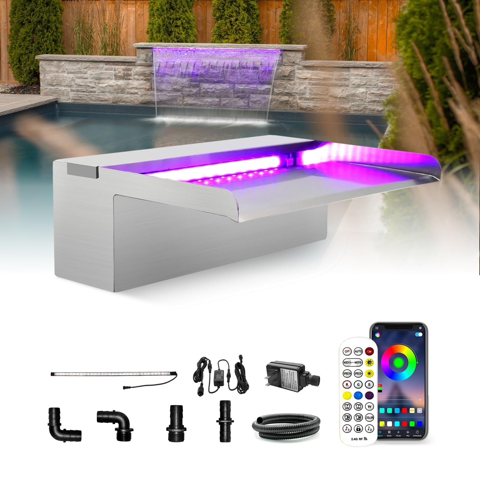 Photo 1 of LONGRUN Stainless Steel Waterfall Spillway, APP Control Multi-Color LED Light Outdoor Pool Fountain, Water Spillway Koi Pond Waterfalls Fountains Kit for Garden Patio Swimming Pool Decoration-11.8"
