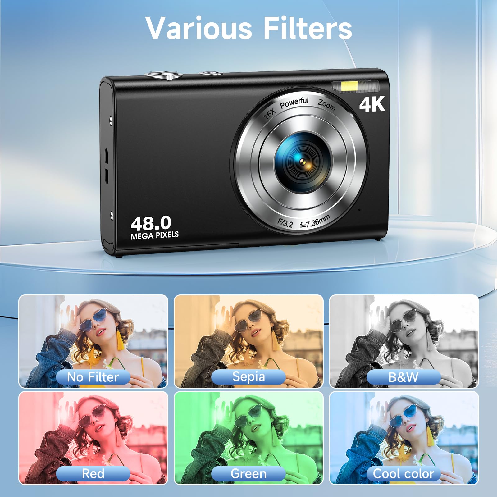 Digital Camera, Autofocus 48MP UHD 4K Vlogging Camera 16X Digital Zoom, Portable Compact Point and Shoot Digital Camera for Teens Adult Beginner with 32GB Card, 2 Batteries, Lanyard (Black)