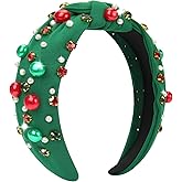 Corabsar Christmas Headbands for Women - Red Green Pearl Rhinestone Crystal Jeweled Christmas Headband - Fashion Elegant Wide Top Knotted Headband for Women Holiday Costume Accessories(Green)