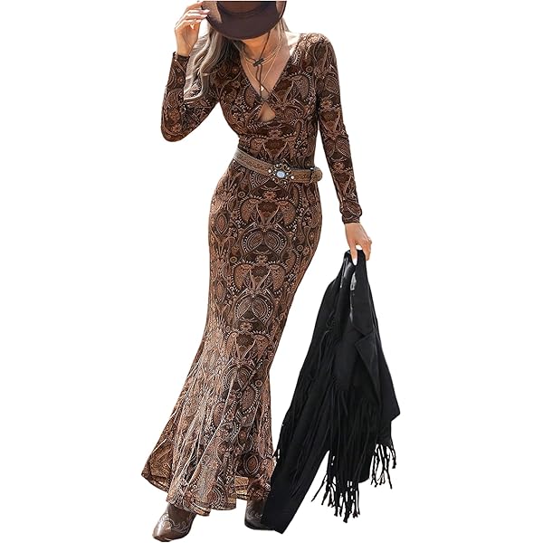 Women's Vintage Western Cowgirl Maxi Dress Long Sleeve Sexy Deep V Flowy Long  Dress Fall Casual Dress,Black,S at Amazon Women's Clothing store