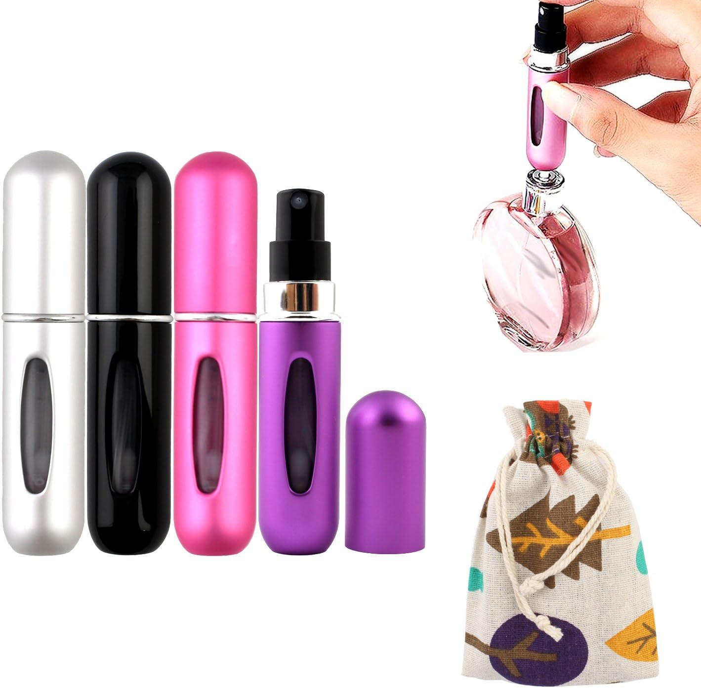 Refillable Perfume Atomizer Travel Perfume Spray Bottle Easy Pump Atomizer Refillable Empty Perfume Sprayer, 5ml, Aircarft Approved (Matt 4 Pack)