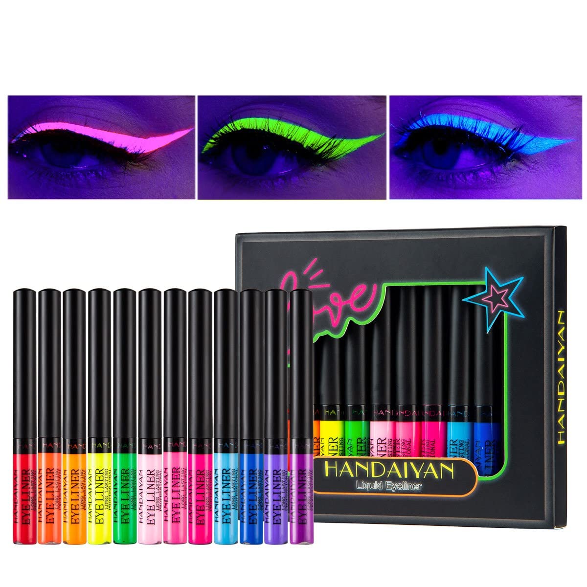 KARLOR UV Neon Eyeliner Set, 12 colors fluorescent glow eyeliner, bright black light, colorful fluid waterproof wiped-resistant durable Eyeliner eyes face make-up eyeliner