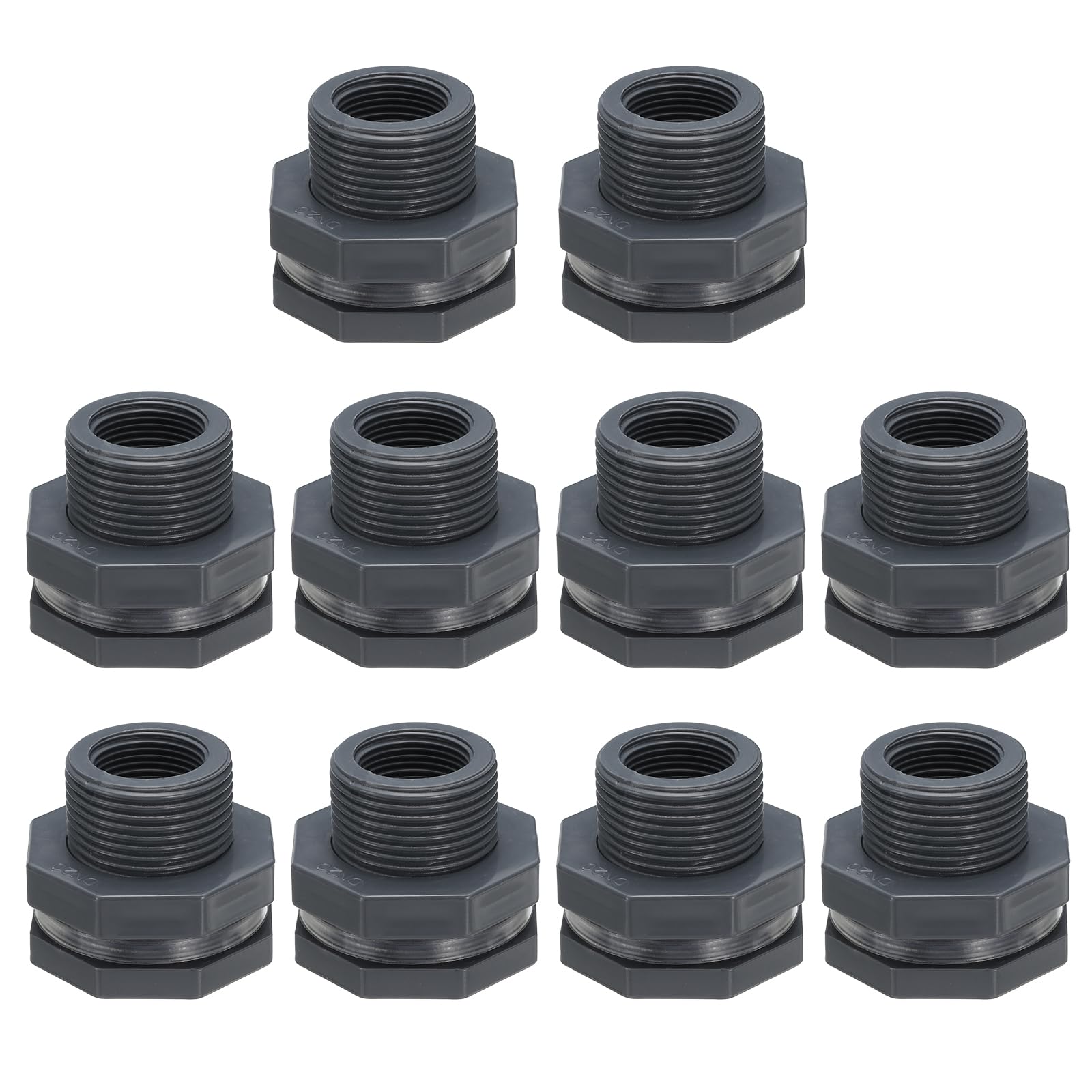 PATIKIL PVC Bulkhead Fitting G 3/4, 10 Pcs Double Threaded Bulkhead Water Tank Connector with PVC Seal Gasket for Rain Bucket, Sinks, Aquariums, Grey